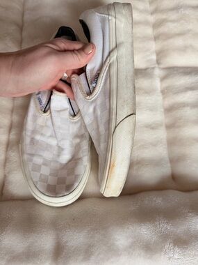 Custom designed Vans White Checkerboard Slip-On Sneakers